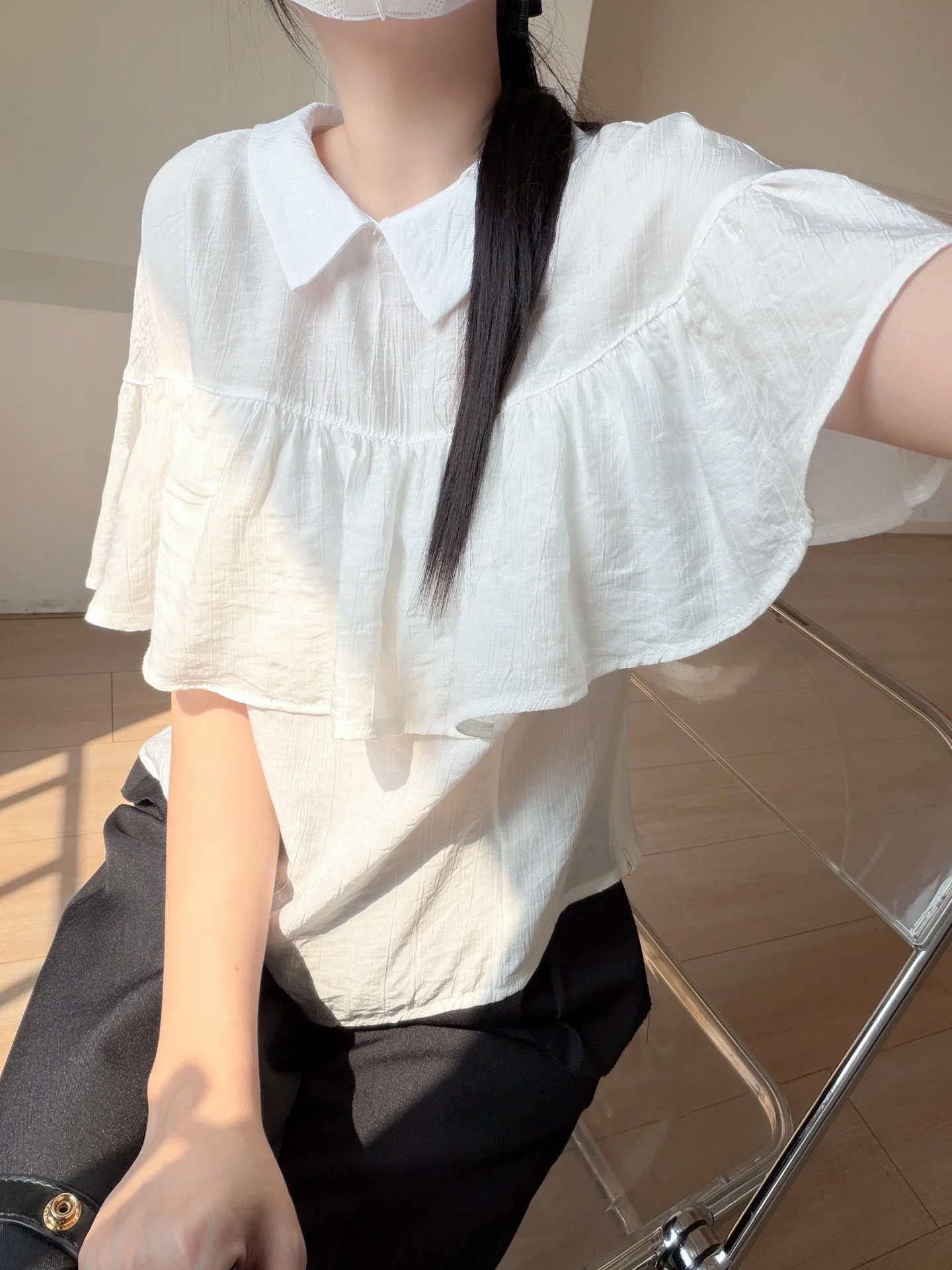

Slim Fit Cotton Short Sleeve Shirt Stand Collar Ruffle Hem Simple Style Women's Top Loose Style Summer Fashionable Shirt