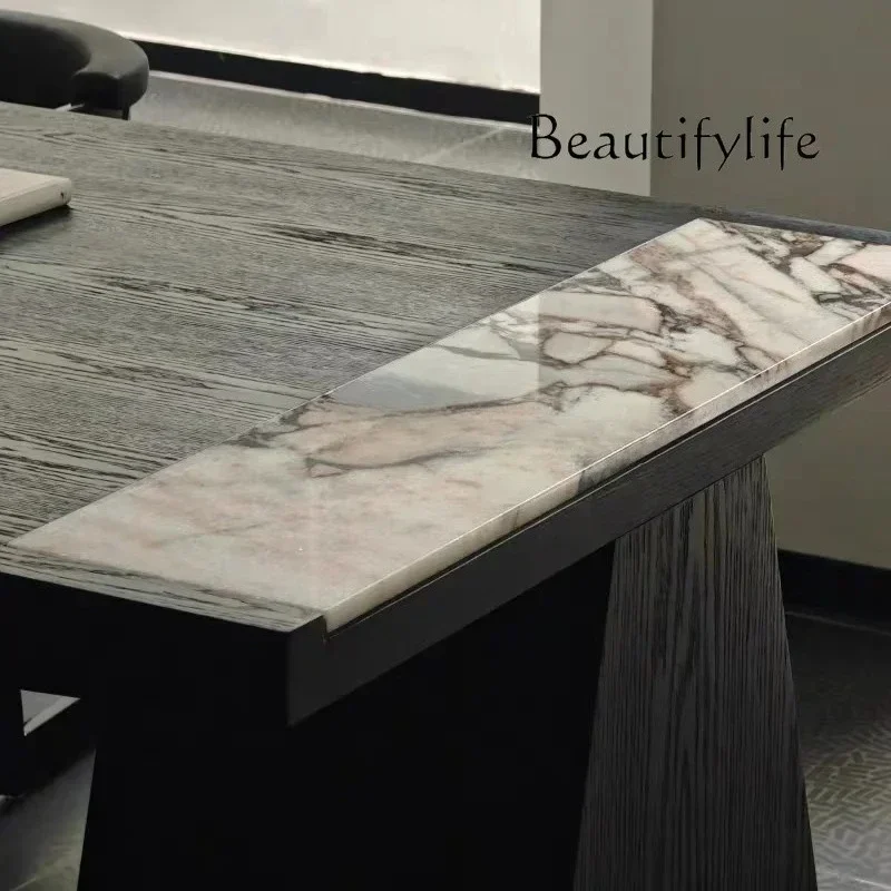 

yj5 Italian minimalist solid wood tea table simple marble tea table black flower rock slab tea table