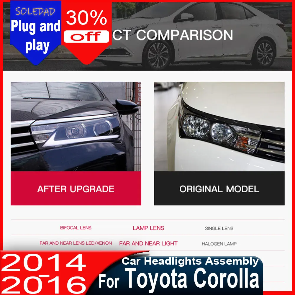 

Фары для Toyota Corolla 2014-2016, полный комплект LED-фар с дневными ходовыми огнями, биксеноновые линзы, установка Plug and Play.