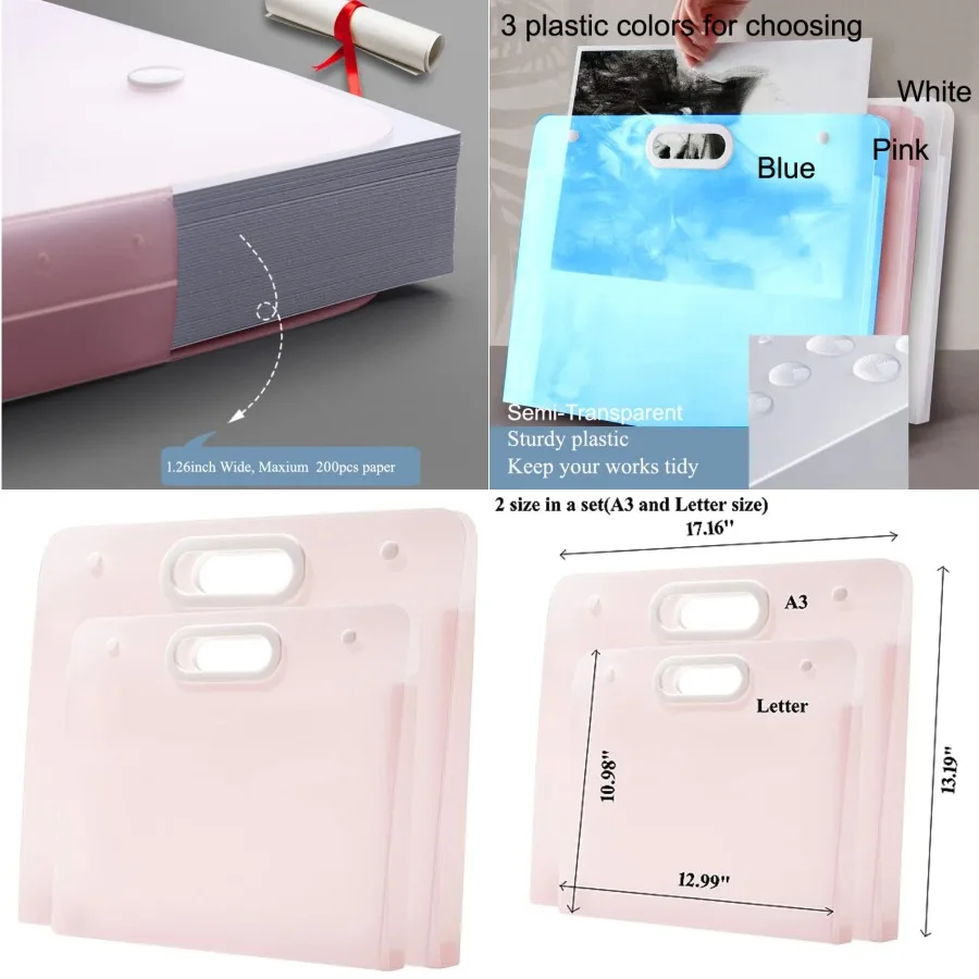 

2pcs Plastic Art Portfolio Folder 17.32x13.22inch and 12.99x11inch Arts Storage Case for Diamond Painting Student Drawing Conta