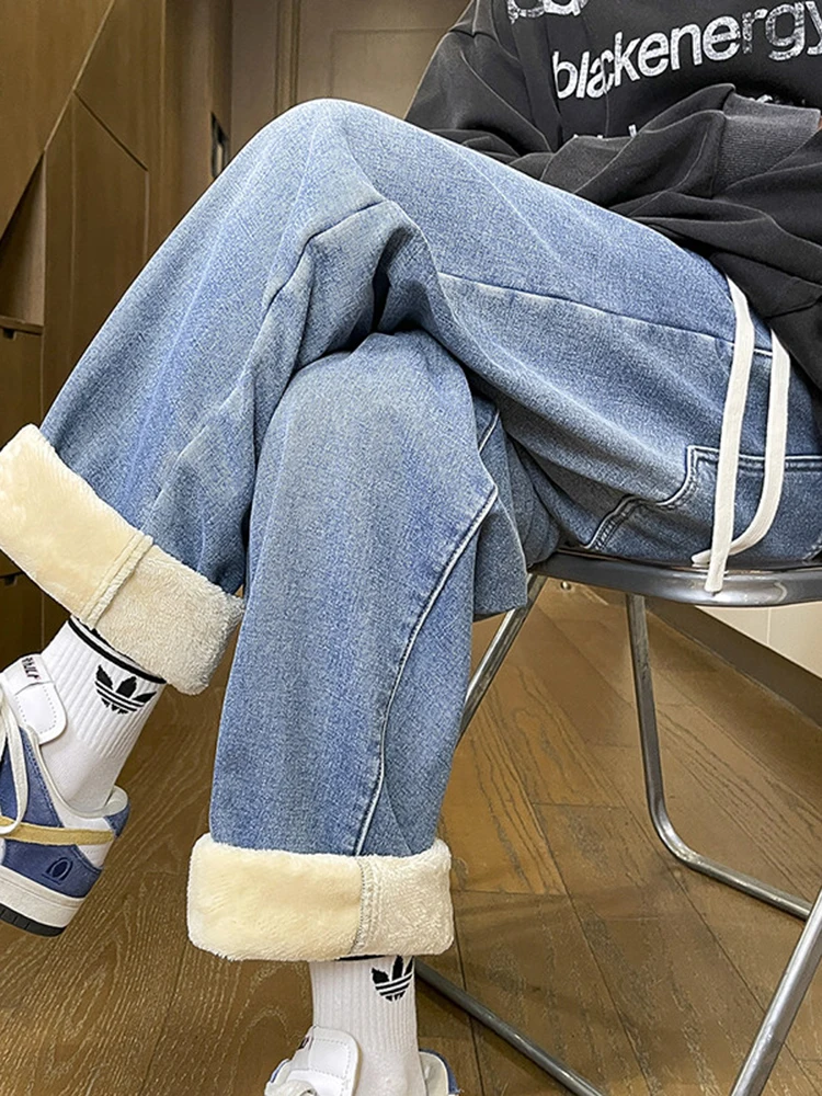 

Men's Fce Lined Denim Jeans Winter Thiened Casual Wide Leg Pants Straight Loose Fit Jeans Youthful ular Sle