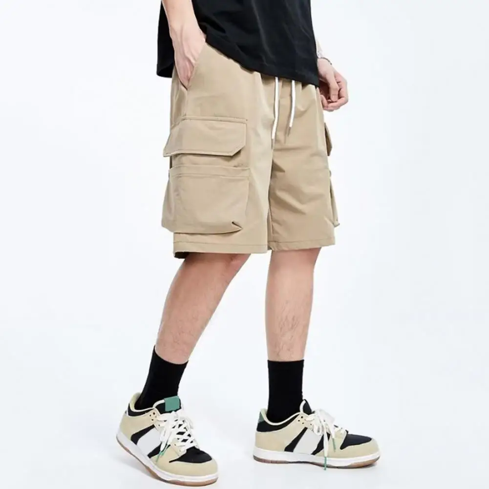 Men Cargo Shorts Low-rise Adjustable Drawstring Casual Shorts Solid Color Loose Fit Multiple Pockets Cycling Leisure Shorts