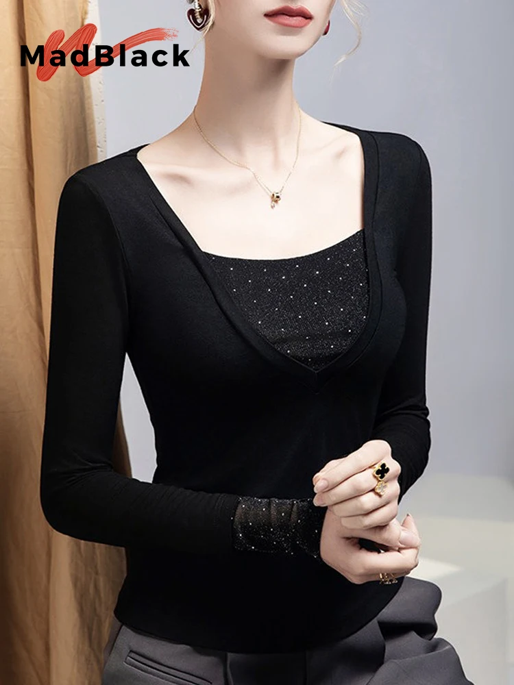 

MadBlack-Women European T-Shirt, Sexy Square Collar Hot Diamond, Streetwear Long Sleeve S-3XL Slim Tee, 2026 Spring New T63778CC