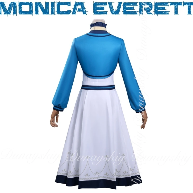 أسرار الساحرة الصامتة أنيمي مونيكا ايفريت ويكون مع فستان أزرق أبيض مع لون القهوة شعر مستعار ويكون زي جميع المجموعة