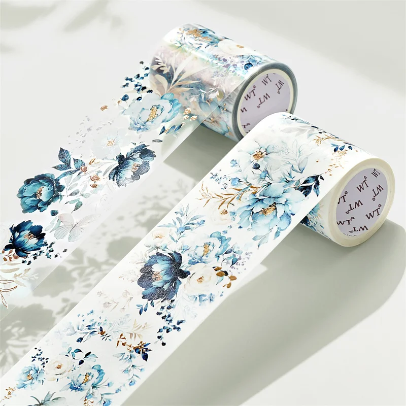 WT Gilded Shielding PET Tape Wide Washi Tapes for Scrapbooking Vintage Blue Rose Floral Journaling Adhesive Colorful Sticker