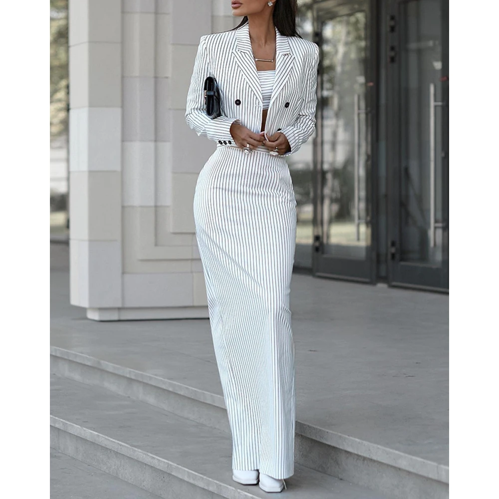 Women Nothched Collar Double Breasted Blazer Coat & High Waist Maxi Skirt Sets Female Autumn Striped Two Pieces Suit Dress Set