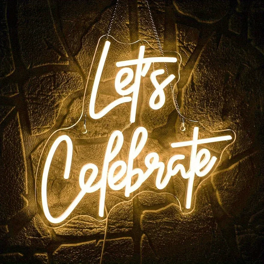 Lets Celebrate Neon Sign LED Light USB Operated Warm White for Birthday Party Wedding Anniversary Decor Bar Club Wall Art Gift