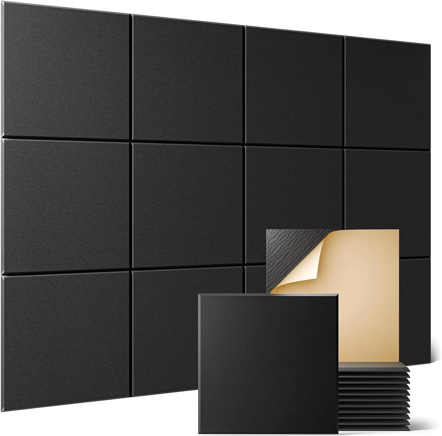 

12 Pack Self-Adhesive Acoustic Wall Panels, 12x12x0.4 Inch Soundproof Foam Tiles for Home and Office, Black