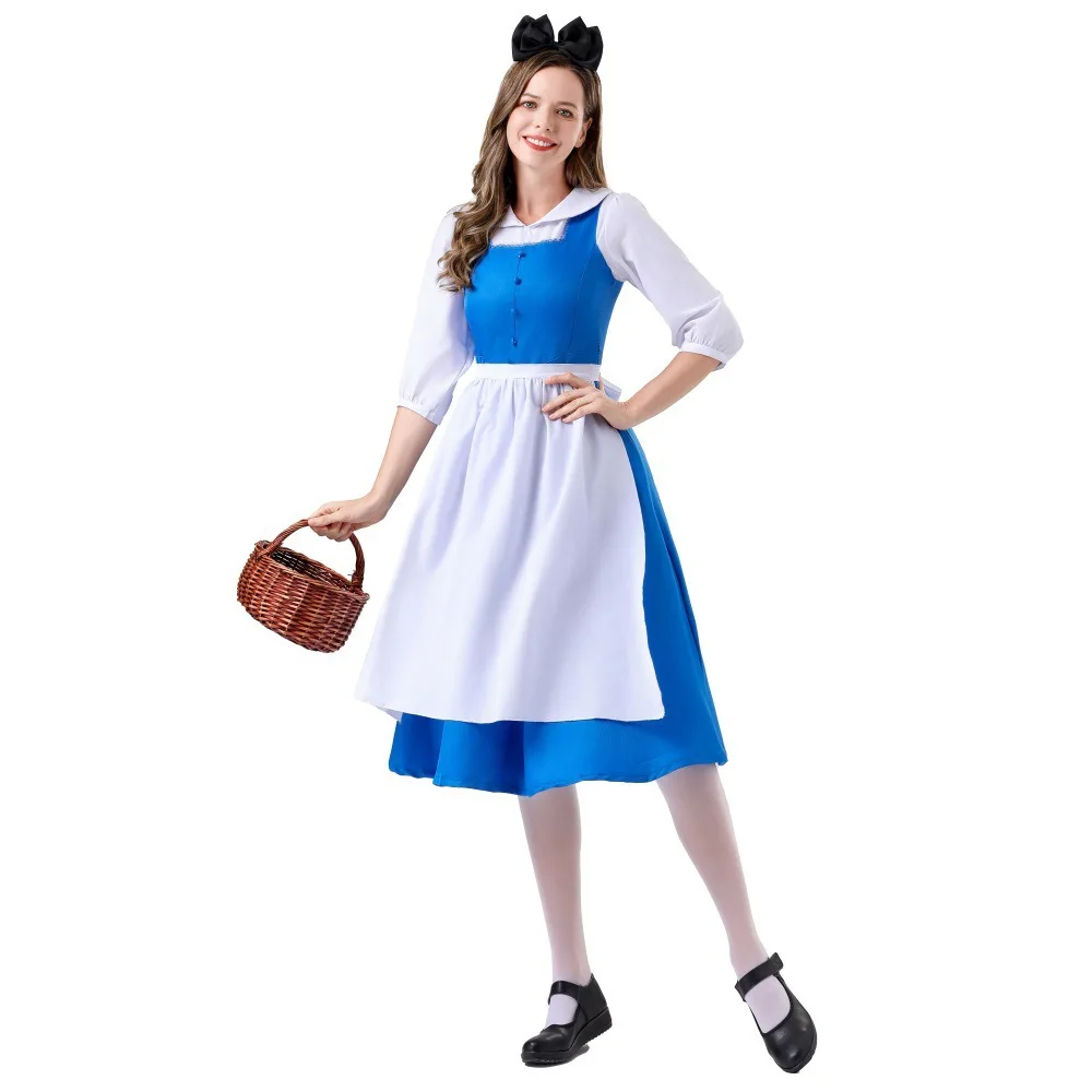 

Wholesale White And Blue German Oktoberfest Dirndl Long Dress Adult Halloween Maid Costume Maid Dress Uniform