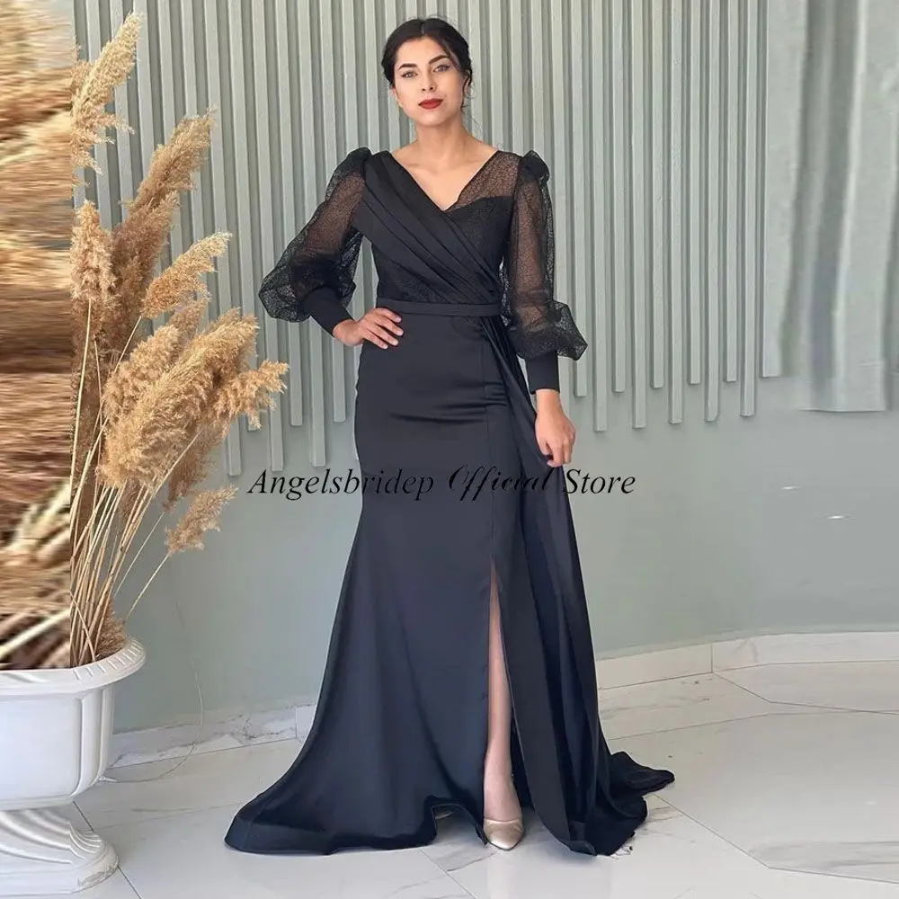 Angelsbridep Modest Meerjungfrau Abendkleid V Neck Puff Sleeves Side Slit Satin Frauen Formale Prom Kleider Für Besondere Anlässe Kleid