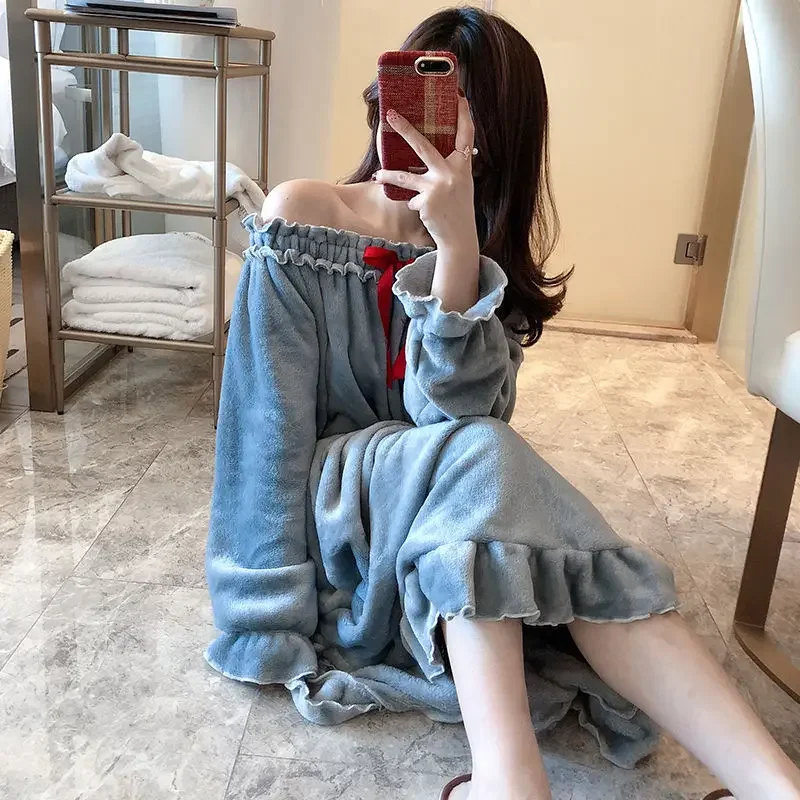 

Nightgowns Women Coral Velvet Sweet Pink Princess Elegant Round Neck Bow Knot Loose Mid-long Womens Soft Comfortable Harajuku