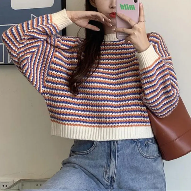 

Casual Round Neck Short Sweaters Female Clothing Contrasting Colors Autumn Winter New Korean Striped Long Sleeve Knitted Jumpers