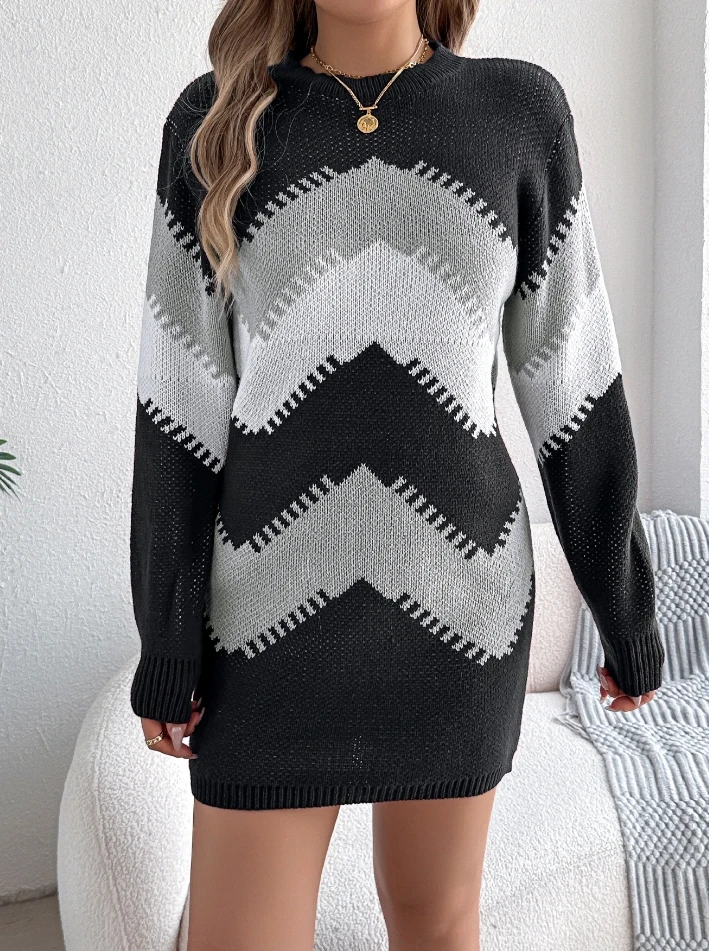 

Women's Dress Pullover Fashion 2024 Autumn Winter Basic Casual Colorblock Round Neck Lantern Sleeve Straight Mini Sweater Dress