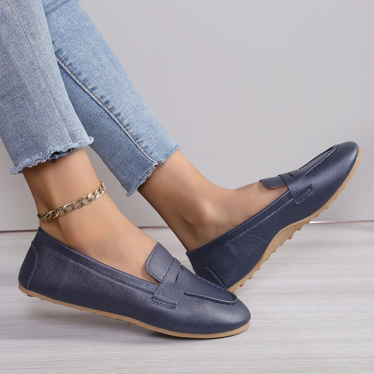 Women Shoes Soft Leather Shoes with  Loafers Dark Blue Flat Shoes Women\'s Casual Zapatos Mujer Flats Female Footwear Size 36-43