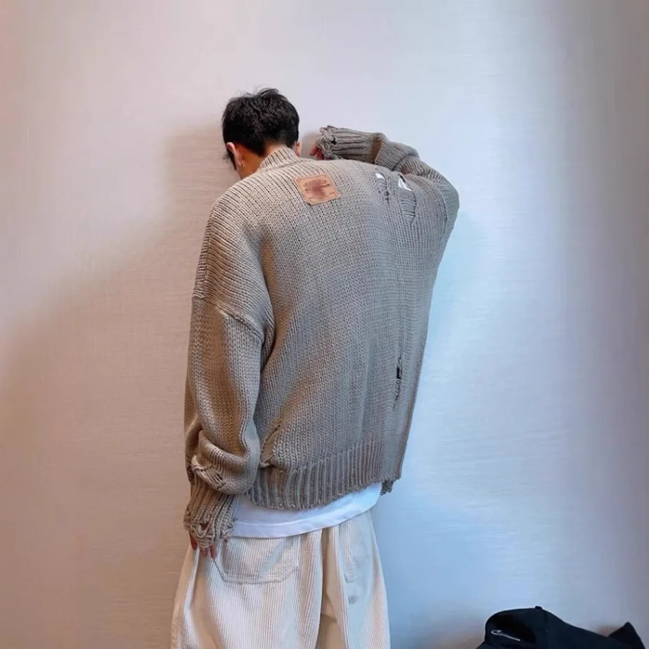 Autumn And Winter Ripped Knitted Zipper Jacket Japanese Retro Lazy Loose Casual Turtleneck Thickened Sweater Cardigan