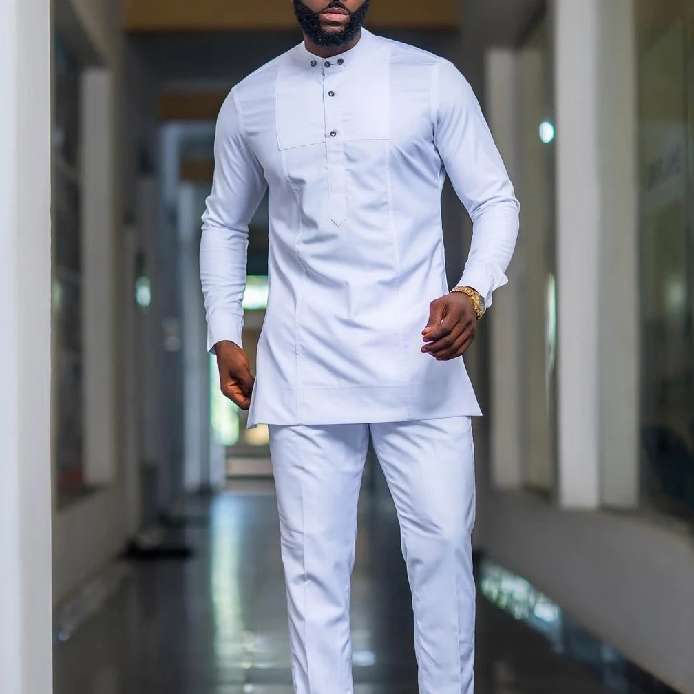 Men's Designer Clother Solid Color White Luxury Brand Clothing For Male African Traditional Outfit Dashiki 2Pc Elegant Men Suits Full Pant Sets view 3