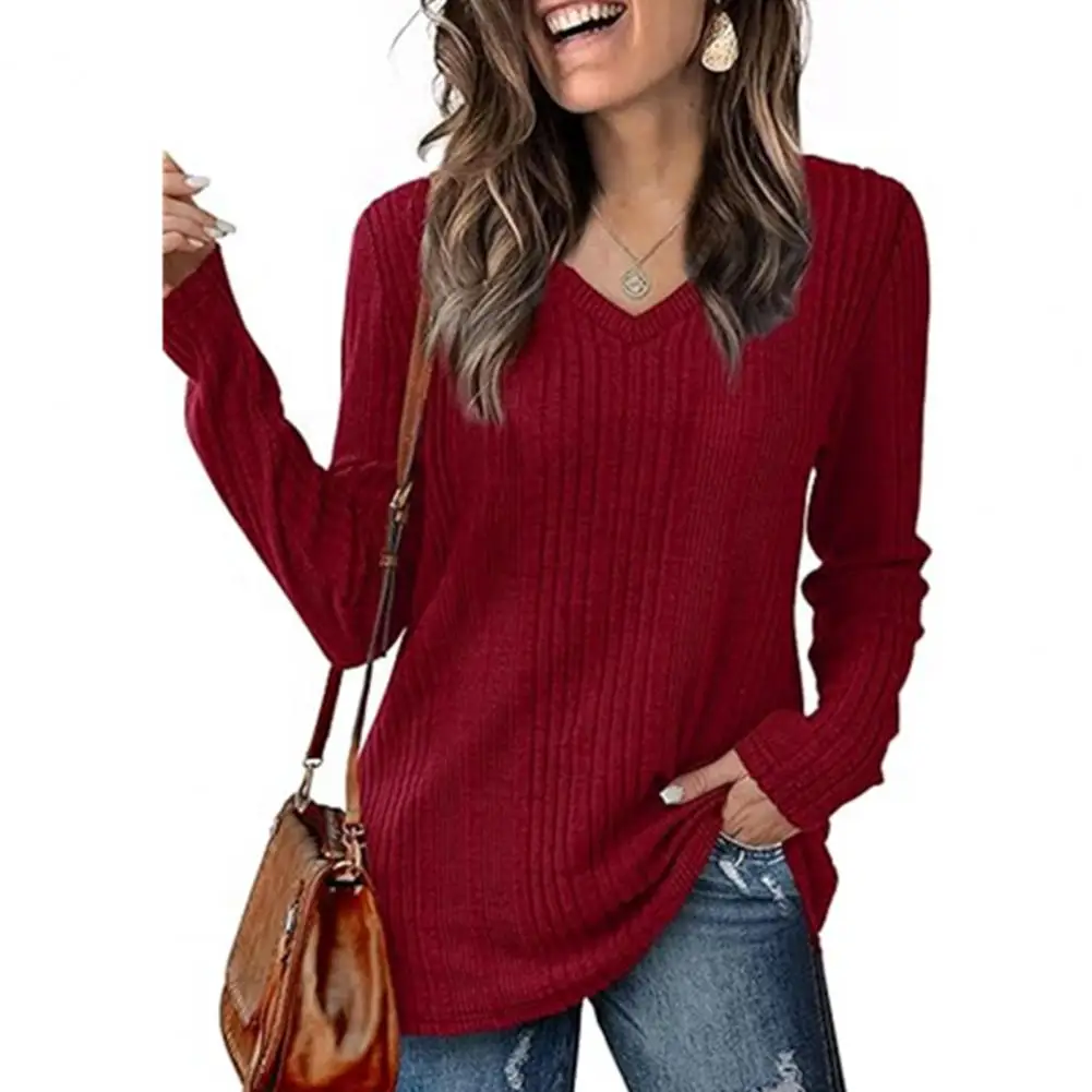 

Women V-neck Knitted Sweater Stylish Women's V-neck Tunic Sweaters Long Sleeve Fall Tops for Casual Wear Solid Color Ribbed Knit