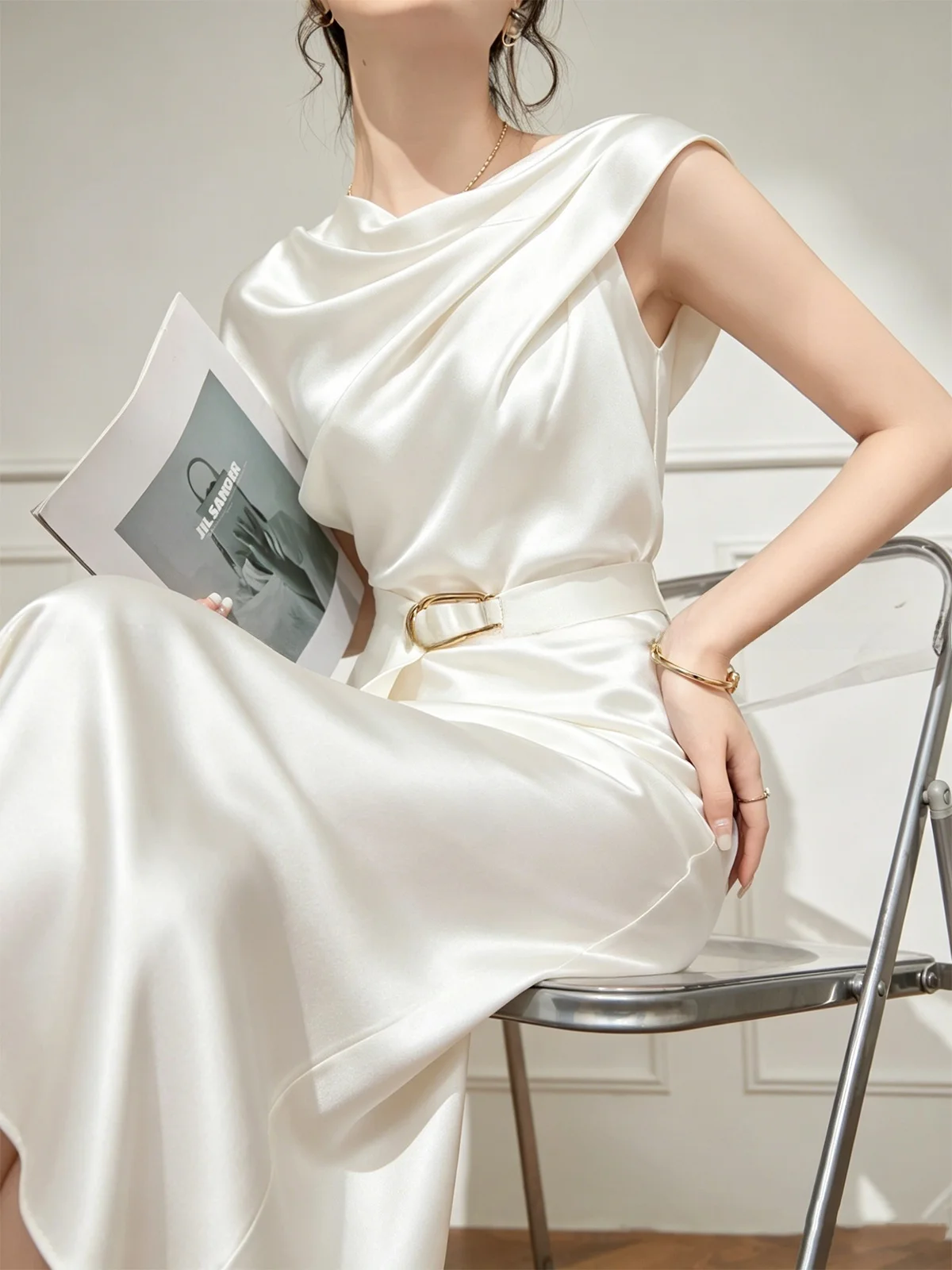 

Lulu Luxury Satin Long Dress Women's Fashionable Summer Gown High Waist A-Line Silky Smooth Casual Wear Mid-Length Skirt
