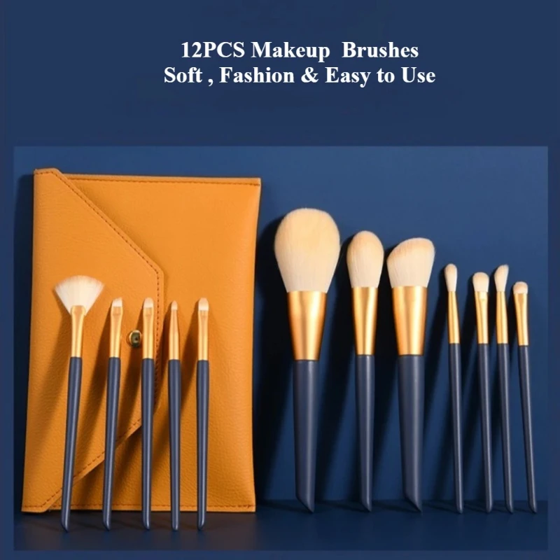 12 個のプロフェッショナルな合成メイクブラシセット、バッグ付き、ファンデーションの完璧な塗布に最適、輪郭メイクブラシツール
