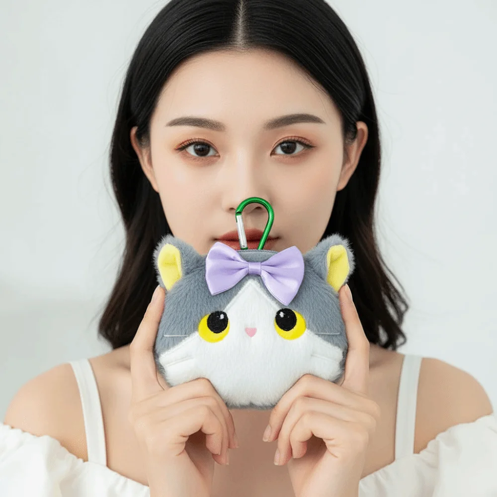 Star Decor Cat Coin Purse Faux Fur Compact Size Earbud Storage Bag Cute Embroidery Zipper Closure Mini Wallet Backpack Hanging