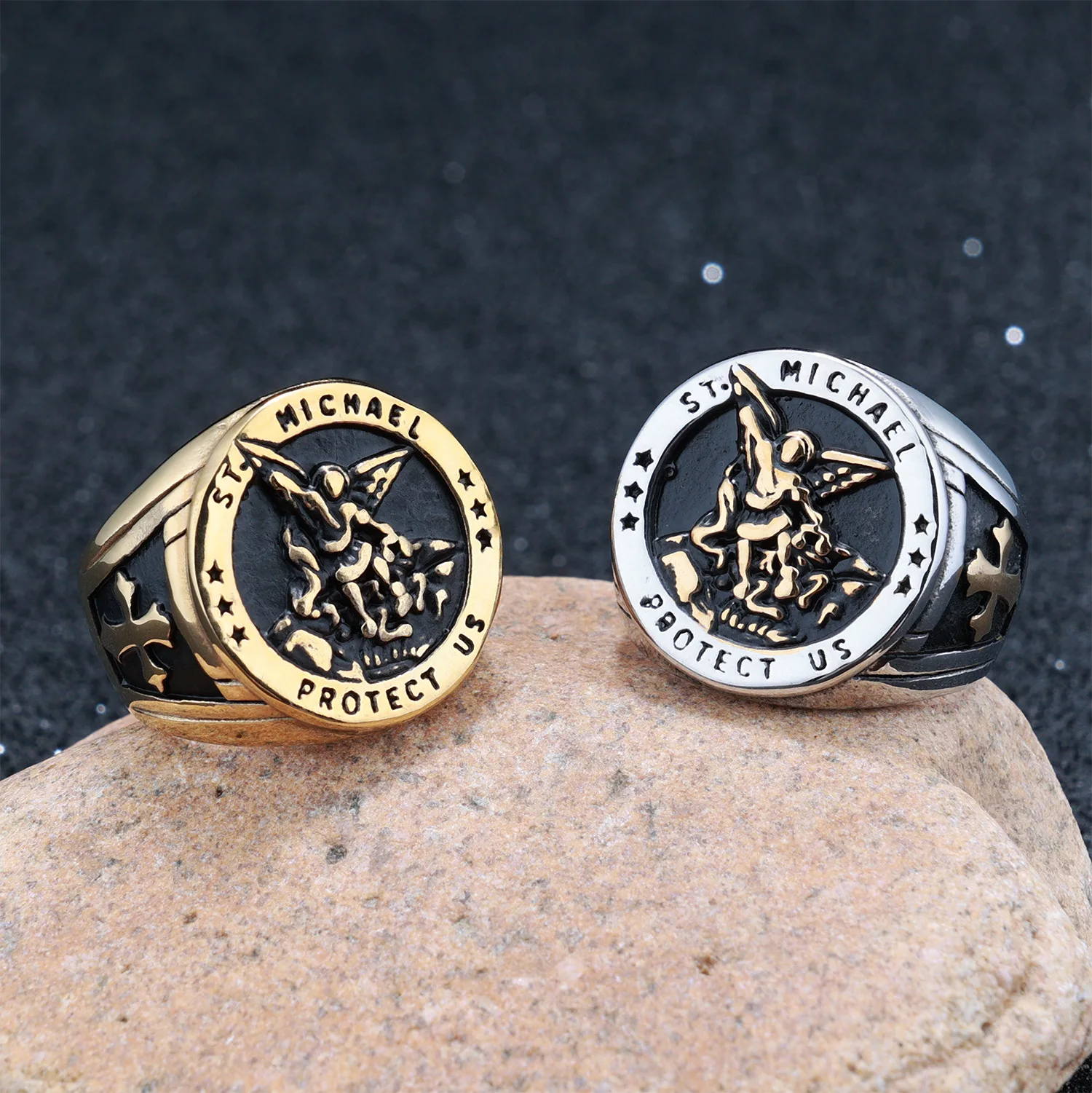 Archangel Saint Michael Rings for Men Silver Color Stainless Steel Vintage Jewelry Police Officer Warrior Guardian Deity Gifts