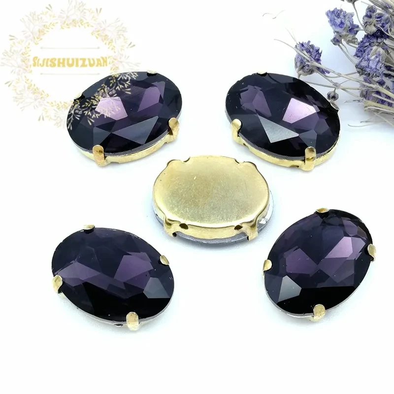 Deep Purple Crystal Oval With Gold Claw Setting Rhinestones Sewing Clothe For Needlework Stone DIY Sew On Wedding Dress Shoes