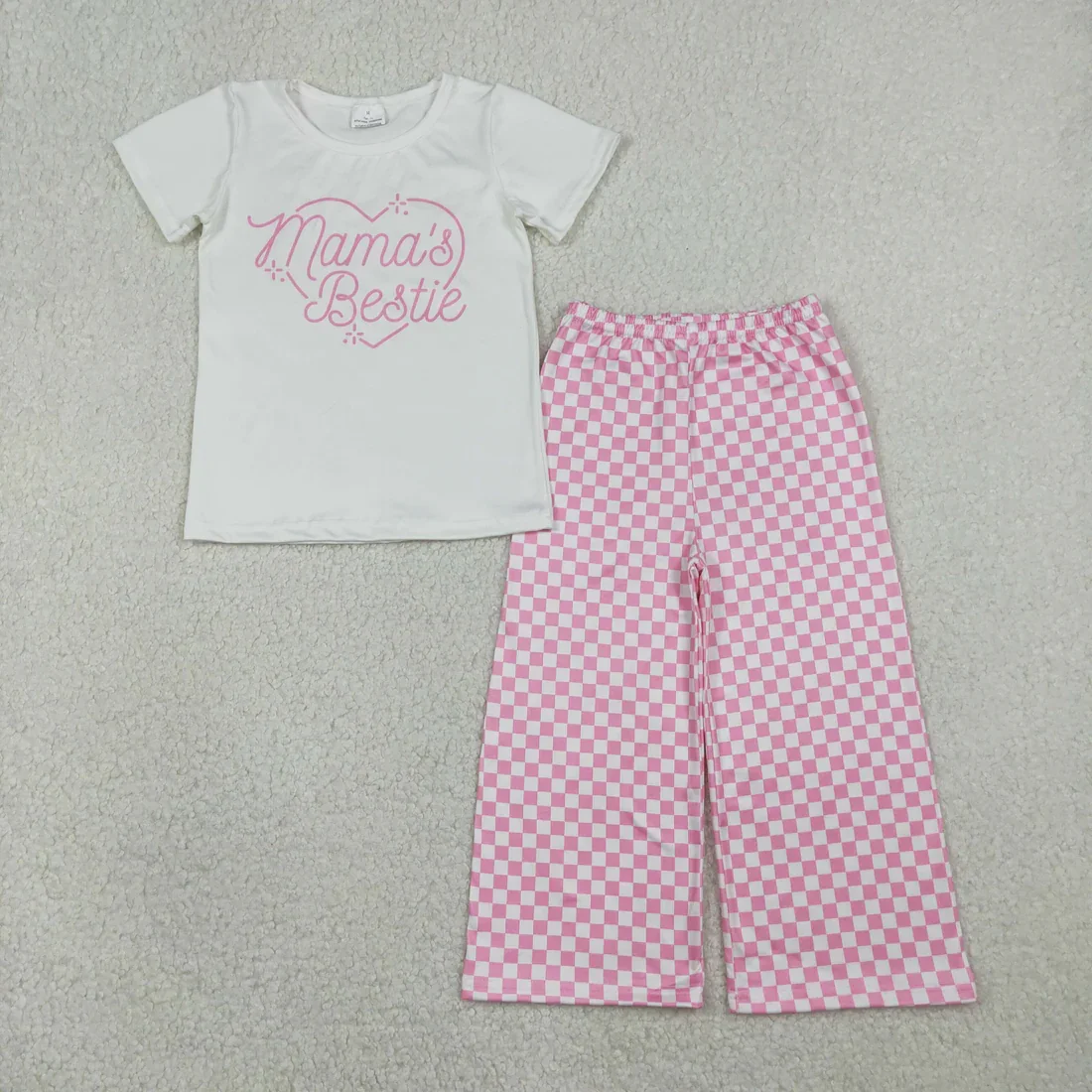 Wholesale Children Toddler Outfit Baby Girl Short Sleeves Heart Mama's Shirt Kids Checked Pants Girls Spring Fall Clothing