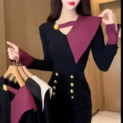 French Style Fashionable Shirt Women's New Patchwork Socialite Long Sleeved Slim Fit Top