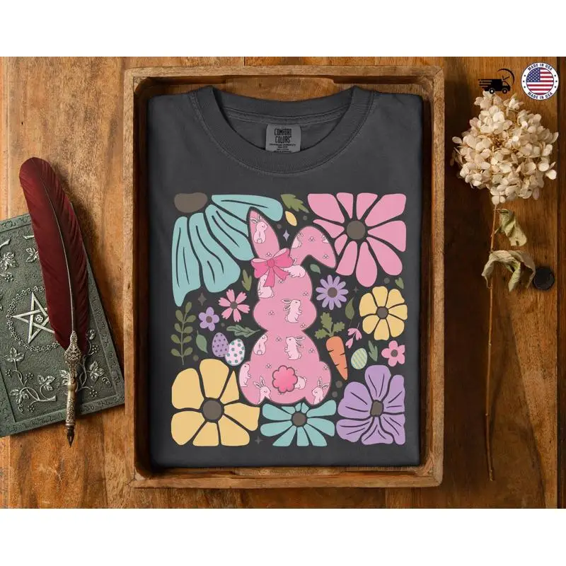 

Easter Bunny Floral Comfort Color T Shirt Colorful Rabbit Spring Festival Outfit Soft Vintage Style Cute Animal Print for Her