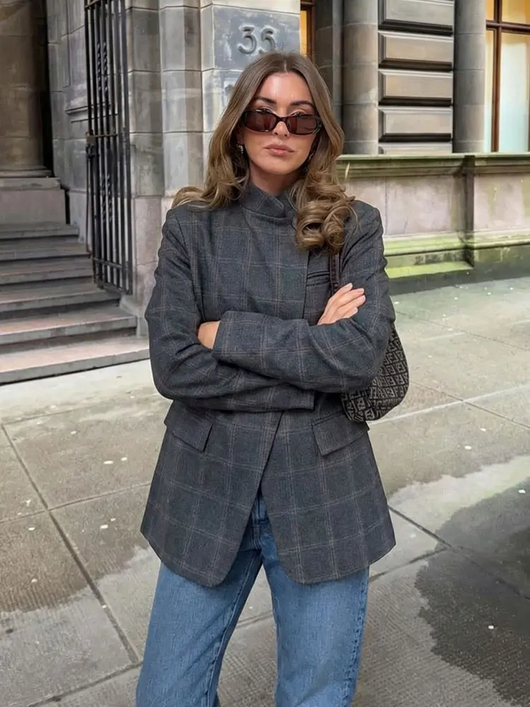 Blazer de Primavera HH 2026 para Mujer, Chaqueta de Traje a Cuadros de Moda, Cuello Alto, Botón Único, Manga Larga, Ropa de Calle Femenina