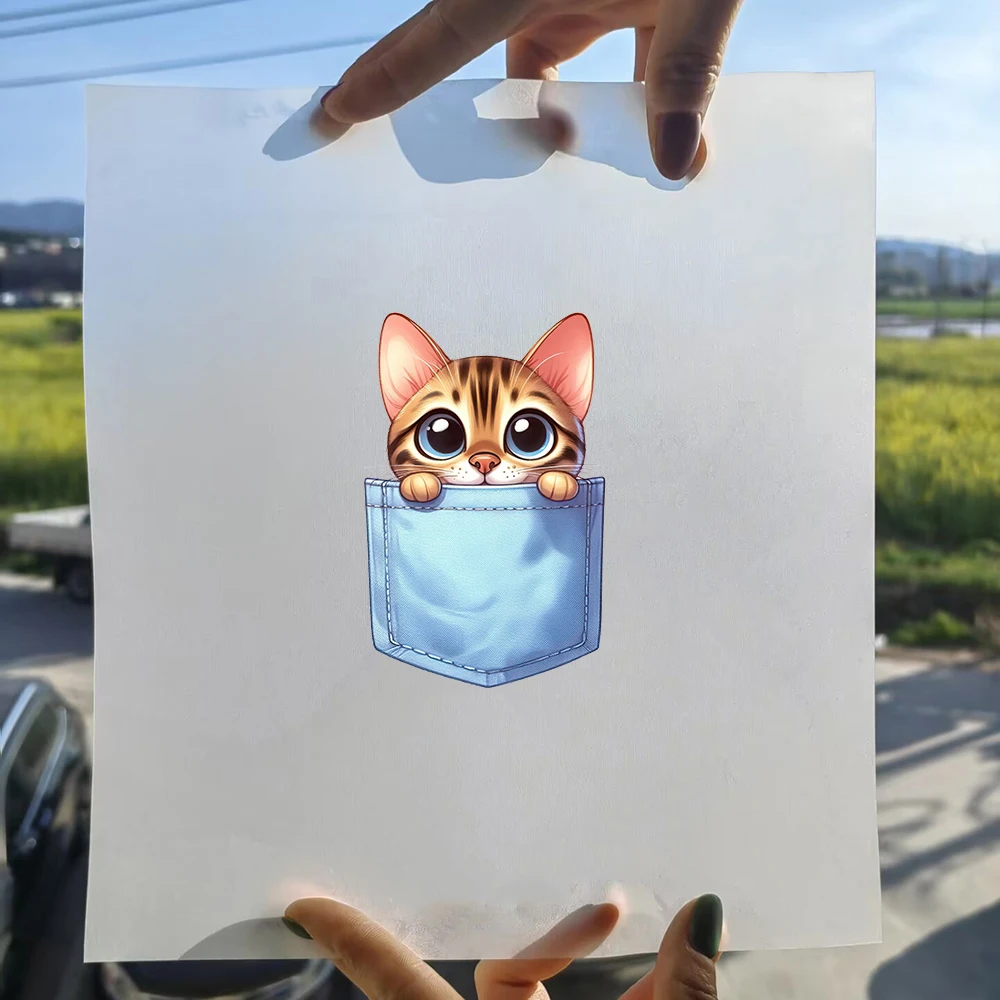8cm New Pocket Cats Animals Iron On Heat Transfer Stickers For Clothes DTF Pinted Vinyl Thermal Appliques Washable T-Shirt Decal