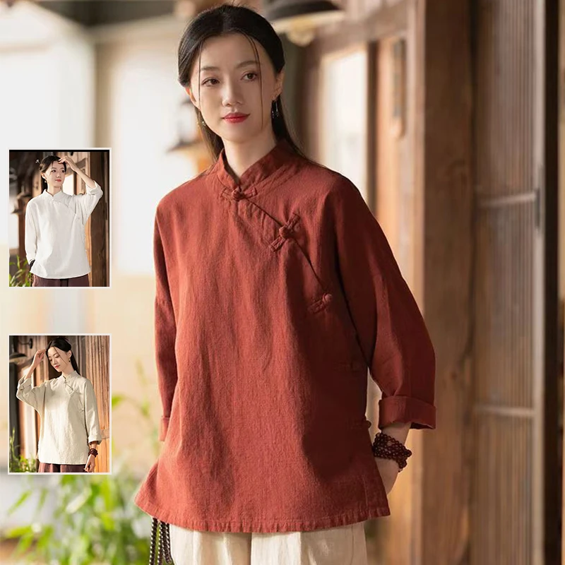 جديد الصينية Sle فضفاضة تناسب القطن الكتان irt المرأة كبيرة الحجم طويلة Sve الوقوف طوق ZenInspired رداء علوي غير رسمي