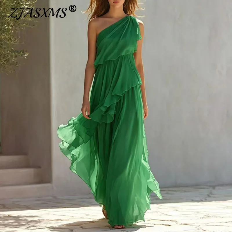 Damen One-Shoulder Maxikleid mit Stufenrüschen, Fließendes Asymmetrisches Abendkleid, Elegantes Party-, Brautjungfern-, Hochzeits- und Ballkleid