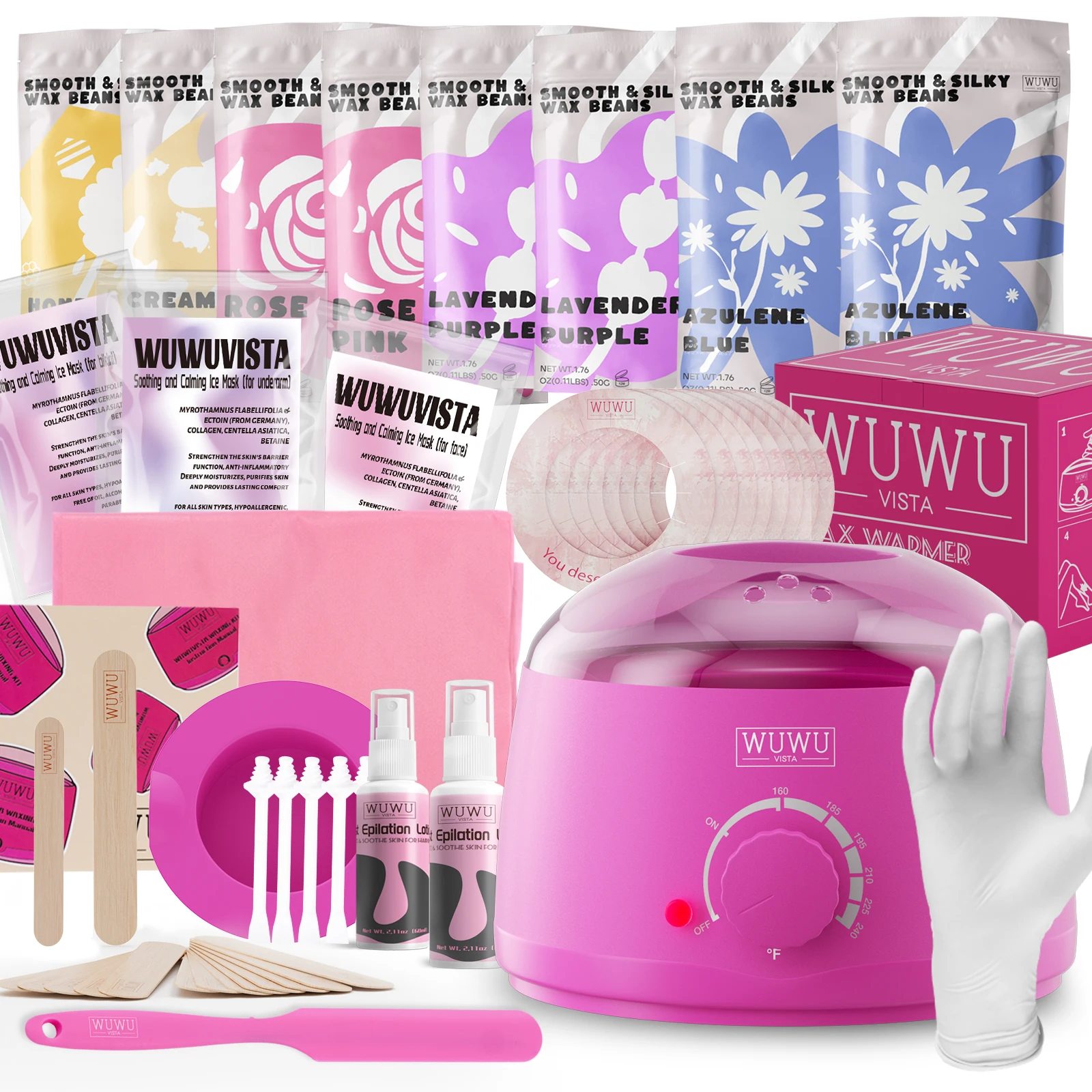 ชุดแว็กซ์ WUWUVISTA กําจัดขน Hard Wax Kit Wax Melt Warmer Waxing ลูกปัด Face/บราซิล/Full Body/บิกินี่/Sensitiive skin