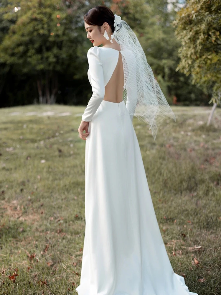 

Ele Satin Wedding Dr Long Sve Bridal Gown with Train for Outdoor Ceremony Autumn Winter Bridal Dres