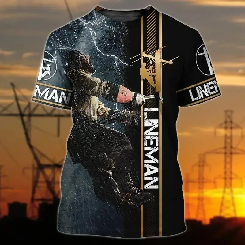 New Men's Electric Lineman Profession Uniform T-shirts 3D Print Electrician Working Clothing Oversized Short Sleeve O-neck Tops