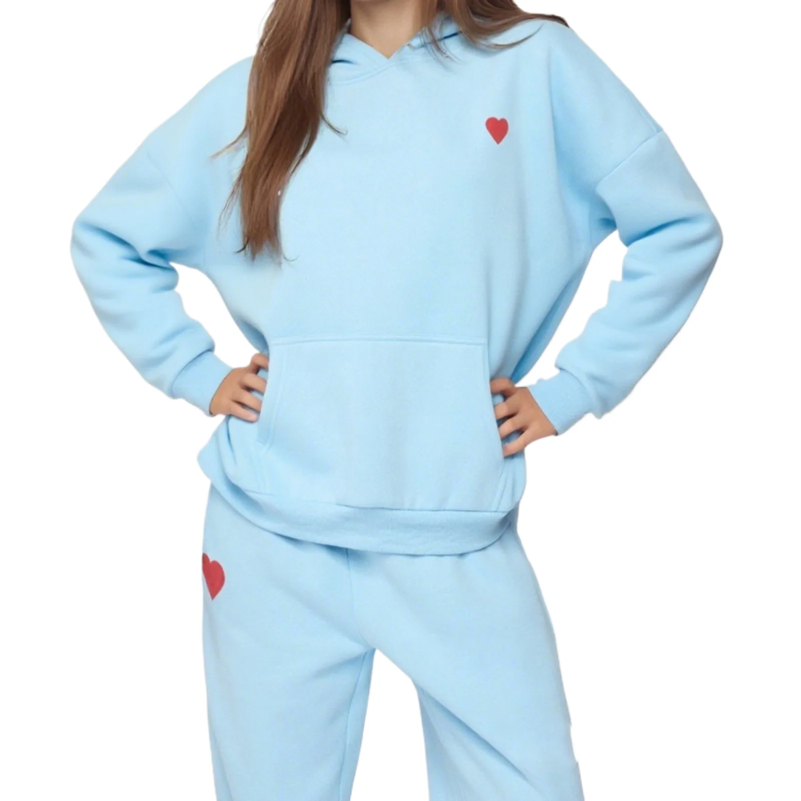 

Women's Pants Set Fashionable Heart Print Long Sleeve Loose Hoodie with Solid Color Sweatpants Two Piece Tracksuit Outfits