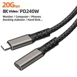 5A Short USB Type C Extension Cable Fast Charger 240W 0.2m 0.5m 1/2m Male To Female USB3.2 Gen2 8K 20Gbps Data Cable PD Charging