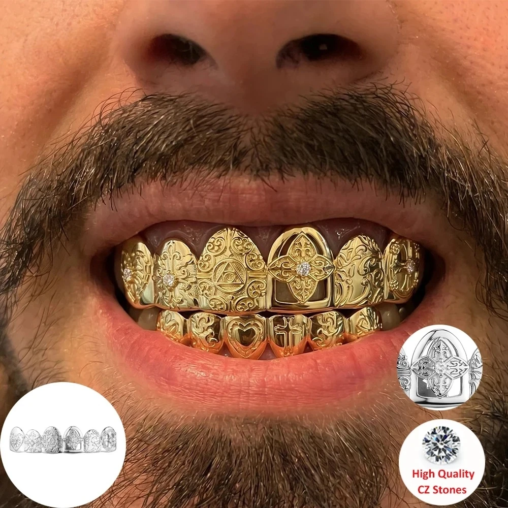 Hip Hop Men Women Thorns CZ Grillz Treble Teeth Hollow Rhombus Top & Bottom Sparkling Punk Rapper Jewelry Christmas Gift