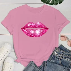 (Koszulka Premium) gorące różowe usta śmieszne letnie kobiety t-shirt Harajuku z nadrukiem moda krótki rękaw letni luźna koszulka Top