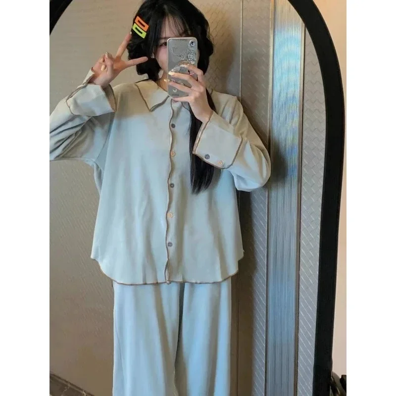 

Soft Maiden Loose Home Set Can Be Worn Outside Comfort Lazy Flounce Solid Color Long-sleeved Pajamas Female Autumn New Style