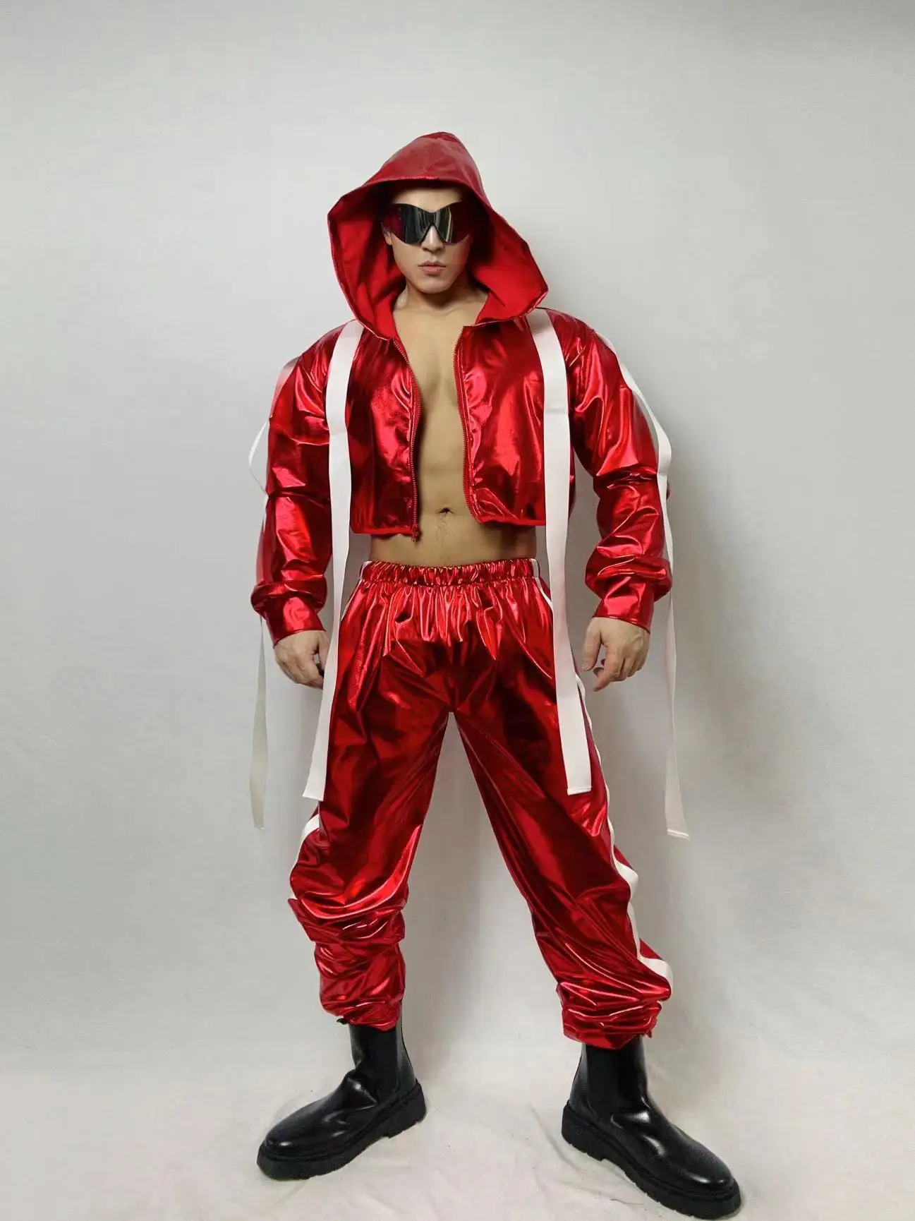 Nightclub Hip Hop Dancing Clothes Red Suit Sexy Pole Dance Costume For Male Red Hoodie Pants Bar Dj Dancer Rave Outfit