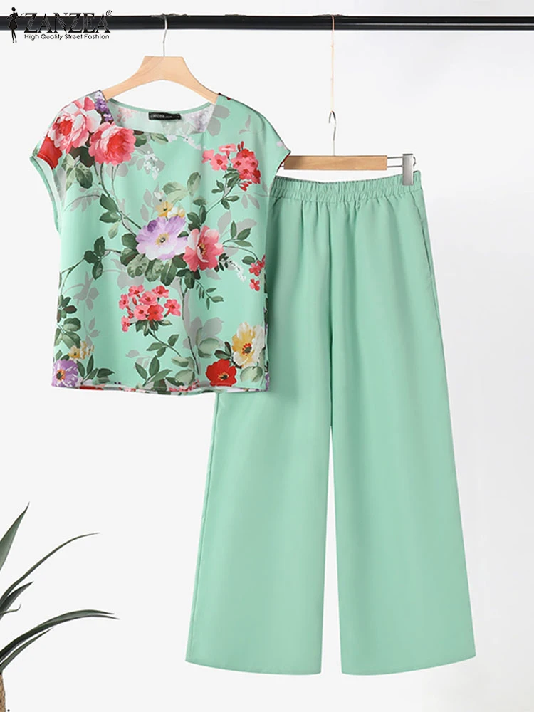 ZANZEA Fashion Holiday 2-Piece Sets Elegant Floral Print Square Collar Top Women Casual Pant Sets Wide Leg Trouser 2pcs Outfits