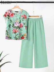 ZANZEA Fashion Holiday 2-Piece Sets Elegant Floral Print Square Collar Top Women Casual Pant Sets Wide Leg Trouser 2pcs Outfits