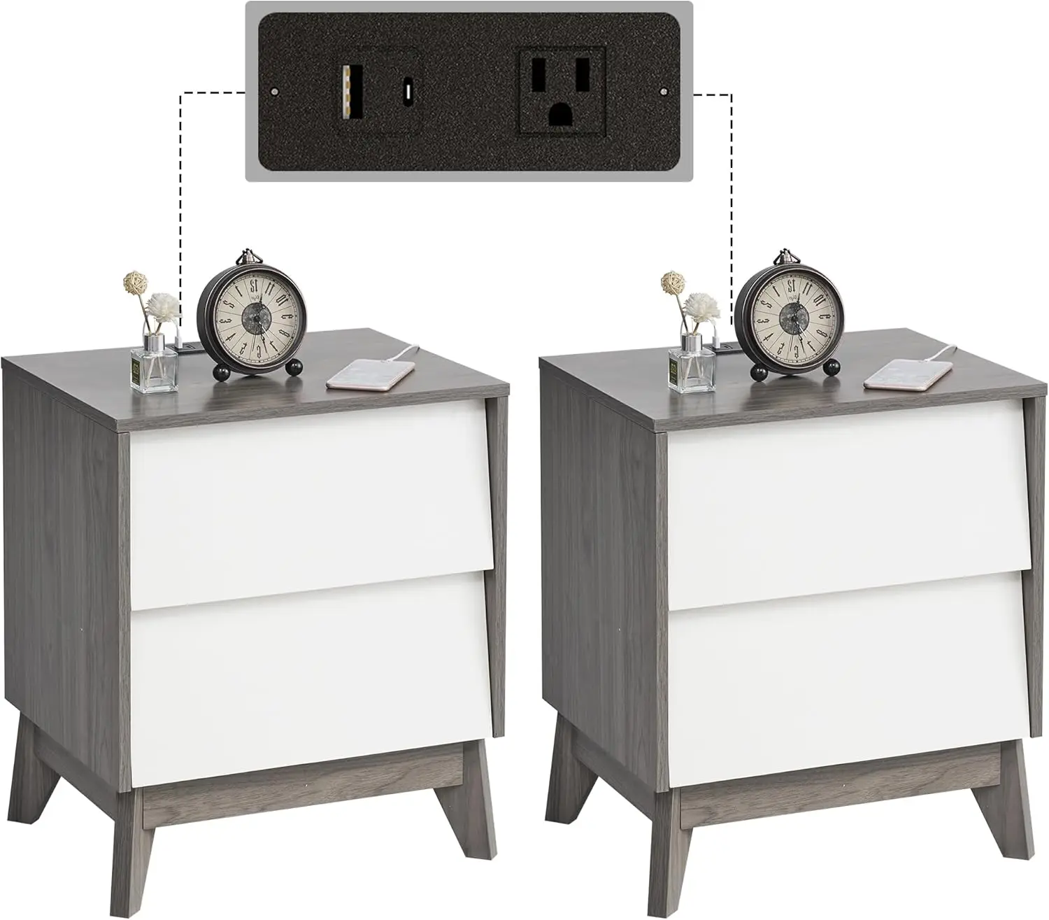 Nightstands Set of 2, Night Stand with Drawers, Side Tables with Type-C Charging Station & 2 Sleek Angled Drawers