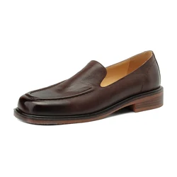 New Petite Foot Genuine Leather Loafers Women Low Block Heels Black Brown Square Toe Elegant Plus Size Ladies Party Shoes B7791