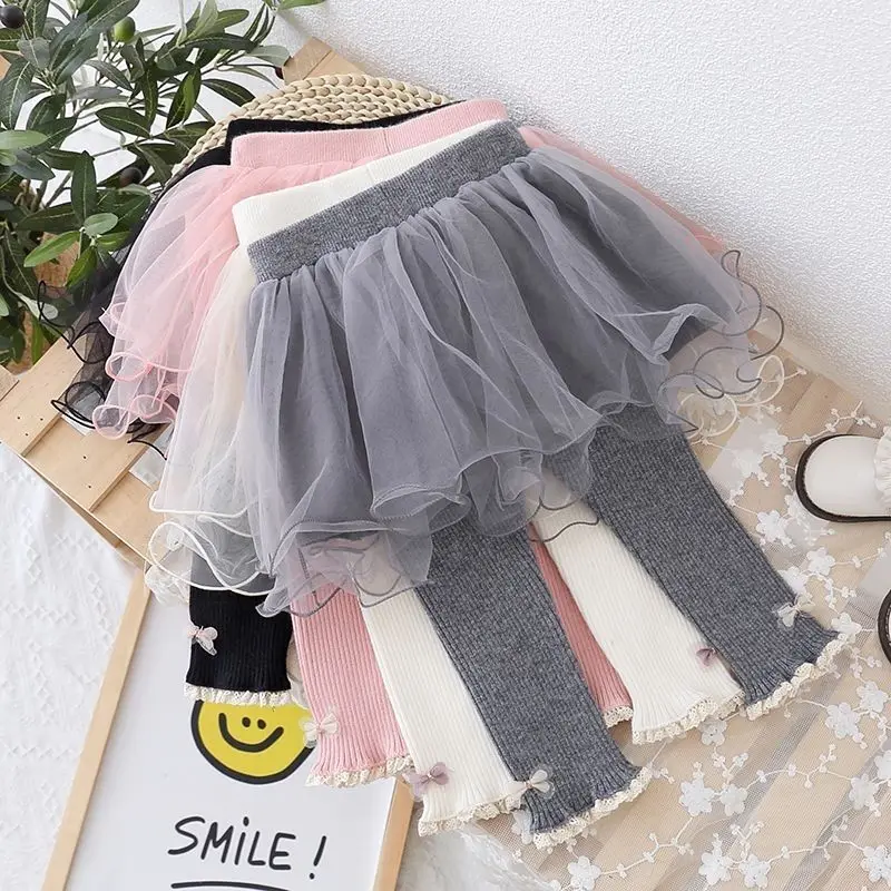 Girls Bottoming Pants Lace Princess Skirt-Pants False Two-Piece Spring Autumn Children Slim Trousers Versatile Pants Fashion