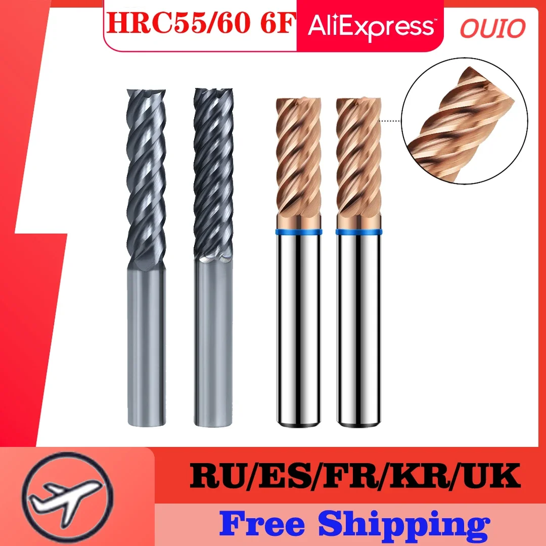 OUIO 6Flutes Milling HRC60 Carbide End Mill 6 8 10 12mm Cutter Alloy Coating Tungsten Steel Cutting Tool CNC Maching Endmills