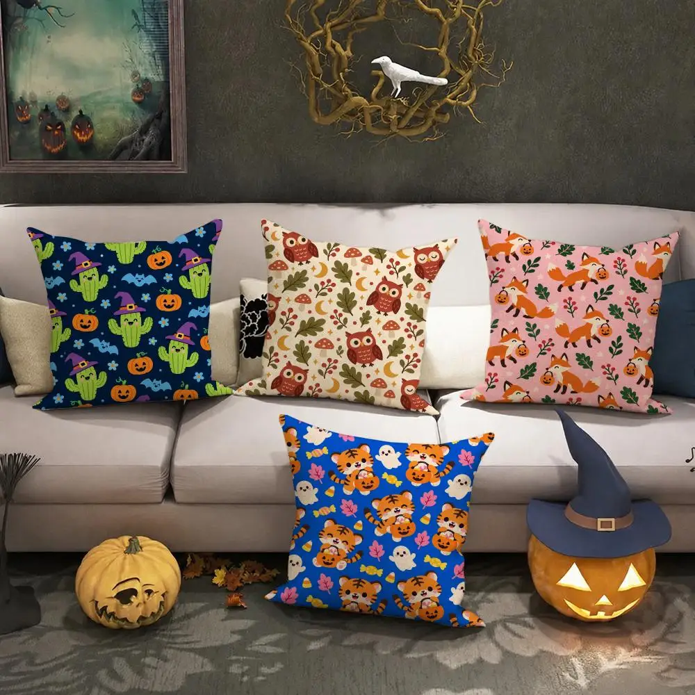 Plaid Halloween Pets Cushion Cover Halloween Rustic Throw Pillow Covers, Cute Ghost Pumpkin Maple Leaf Cushion Covers