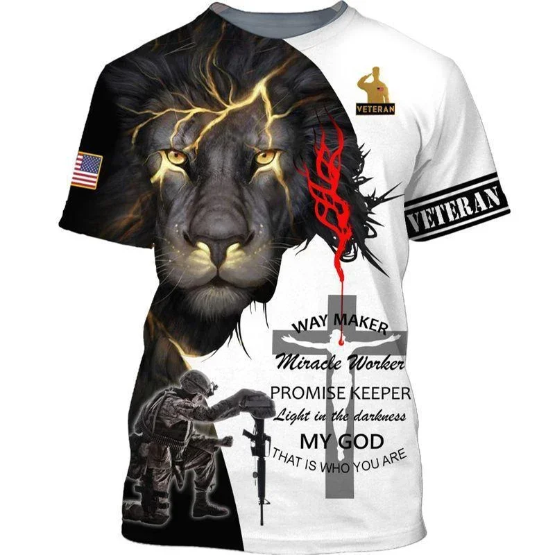 Jesus Cross Lion 3D Printed T-shirt Crusader Templar Men's Fashion Crew Neck Short Sleeve Handsome Personality Casual Daily Top